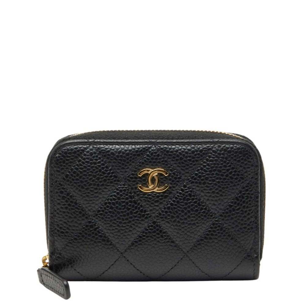 CHANEL Authentic Black Caviar Leather Logo Wallet